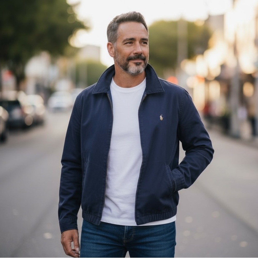 POLO RALPH LAUREN XXL Navy Bi-Swing Light Field Zip Jacket Plaid Collar R $180